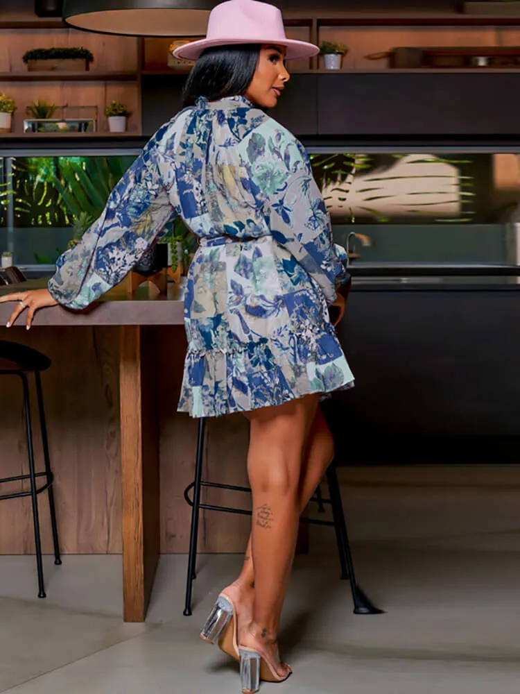Long Sleeve Floral Print Ruffle Mini Dresses