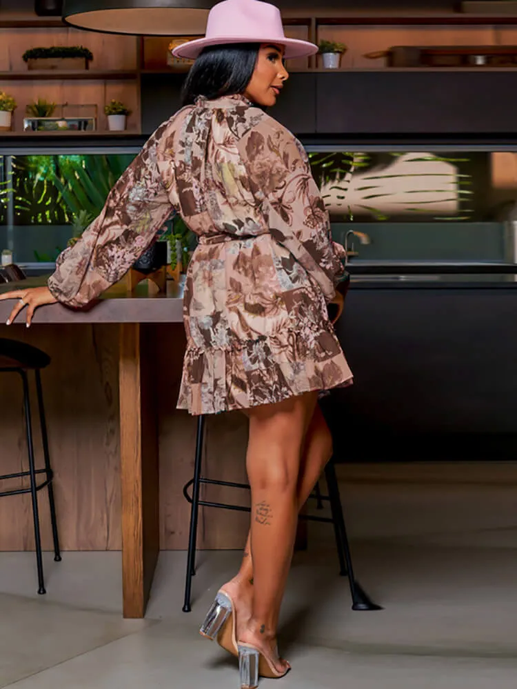 Long Sleeve Floral Print Ruffle Mini Dresses