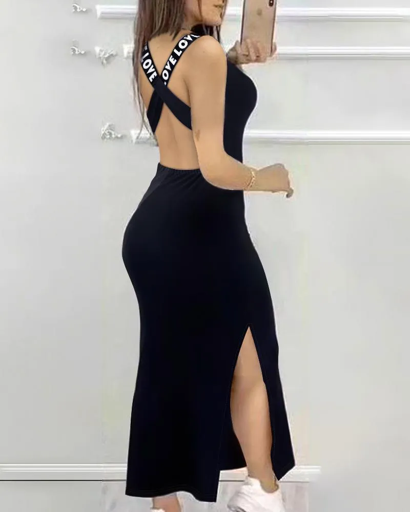 Love Print Crisscross Backless Slit Casual Dress