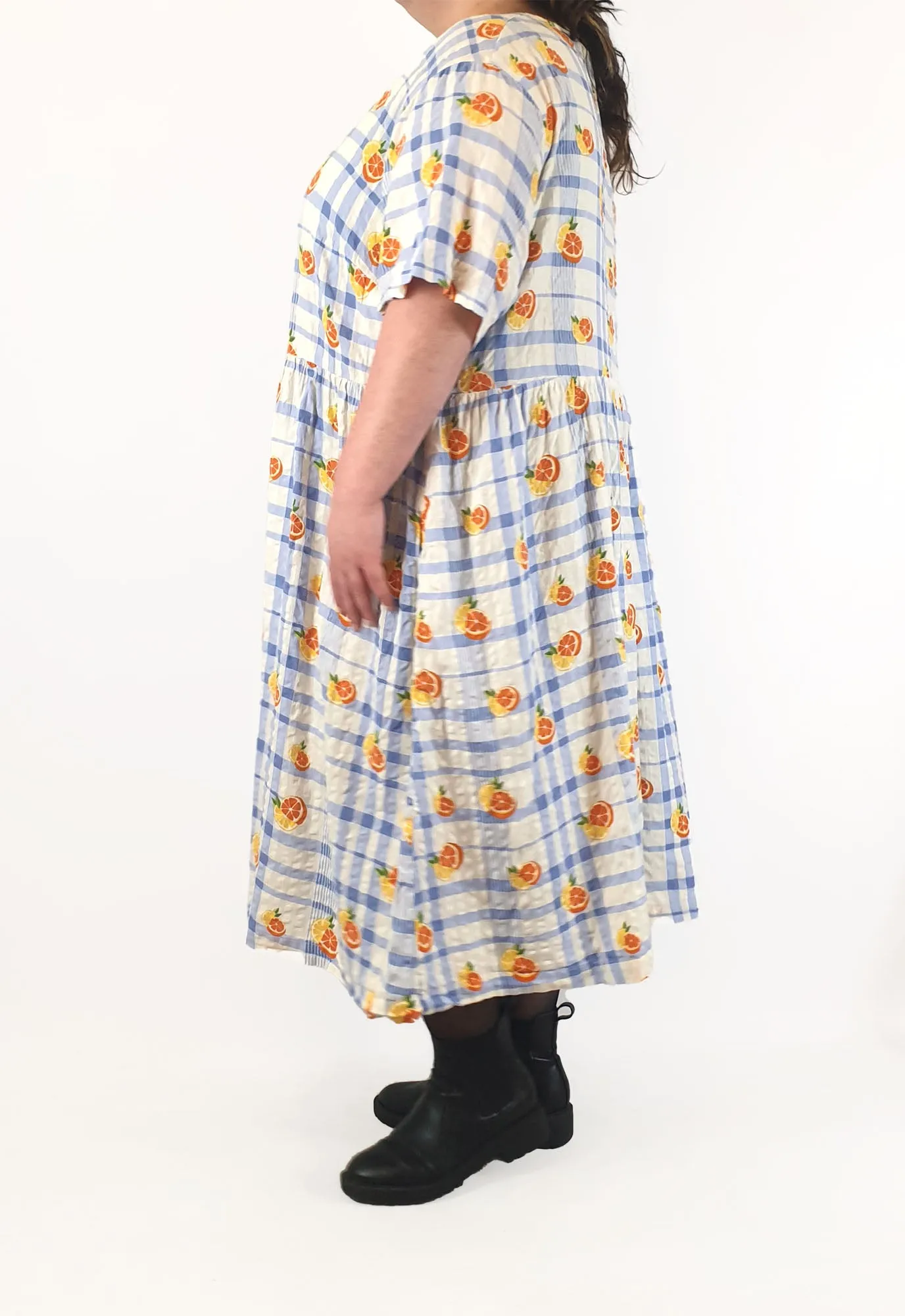 Lucy & Yak blue and white check print with oranges size UK 26