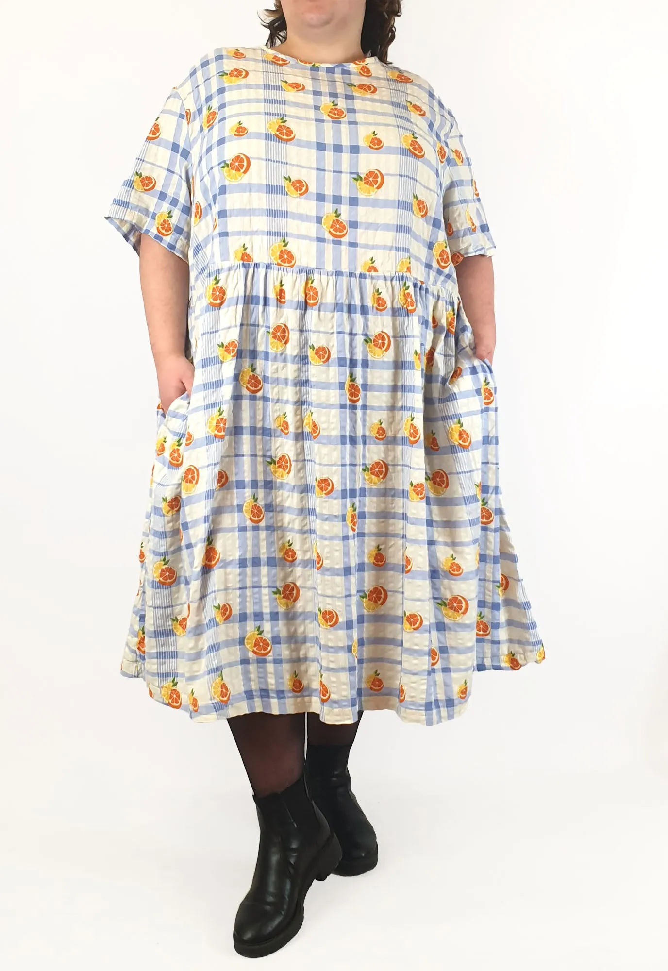 Lucy & Yak blue and white check print with oranges size UK 26