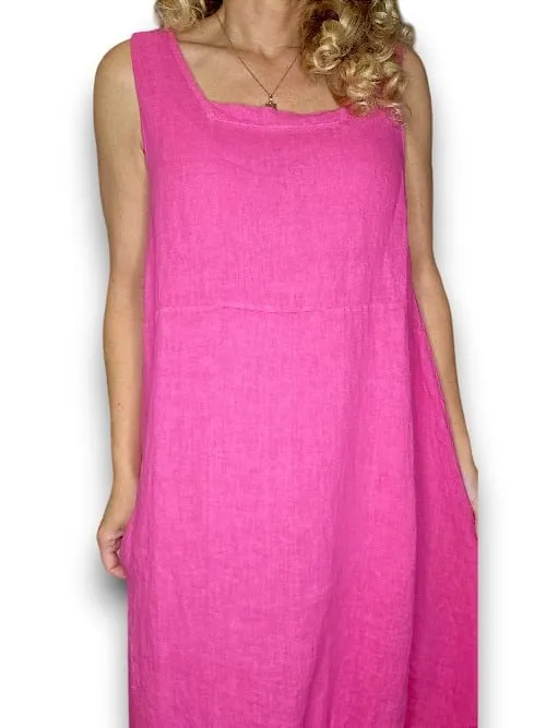MAXI TANK DRESS LINEN  HOT PINK