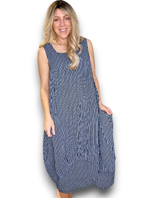 MAXI TANK DRESS LINEN STRIPE DARK JADE