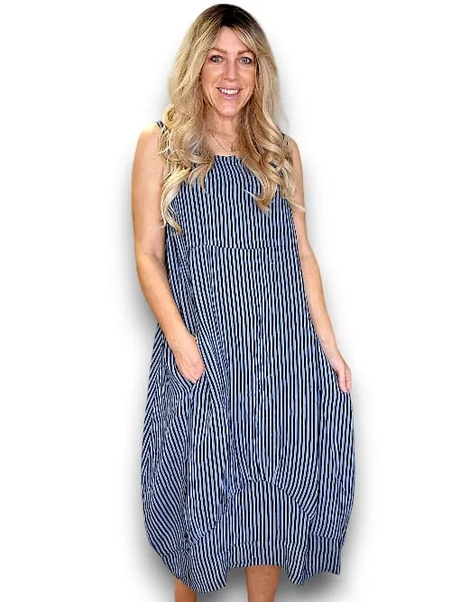 MAXI TANK DRESS LINEN STRIPE DARK JADE
