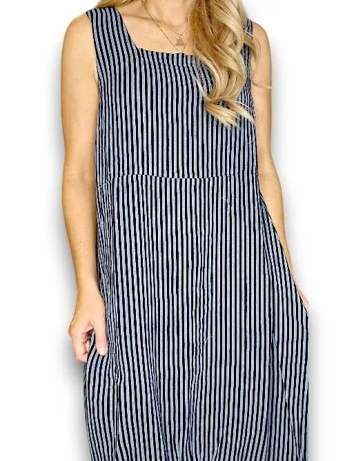 MAXI TANK DRESS LINEN STRIPE DARK JADE