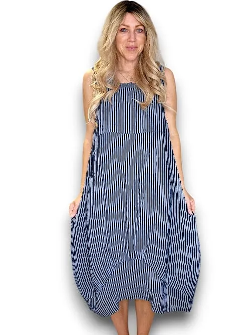 MAXI TANK DRESS LINEN STRIPE DARK JADE