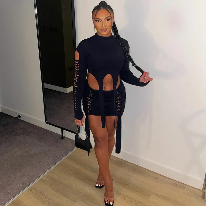 MB FASHION Cutout Lace-Up Long-Sleeve Ruched Mini Dress 9437AT
