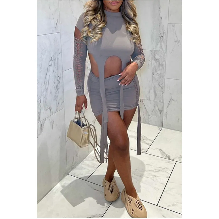 MB FASHION Cutout Lace-Up Long-Sleeve Ruched Mini Dress 9437AT