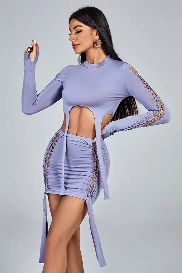 MB FASHION Cutout Lace-Up Long-Sleeve Ruched Mini Dress 9437AT
