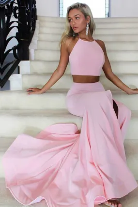 Mermaid Backless Pink Two Piece Prom Dresses Long Formal Gowns