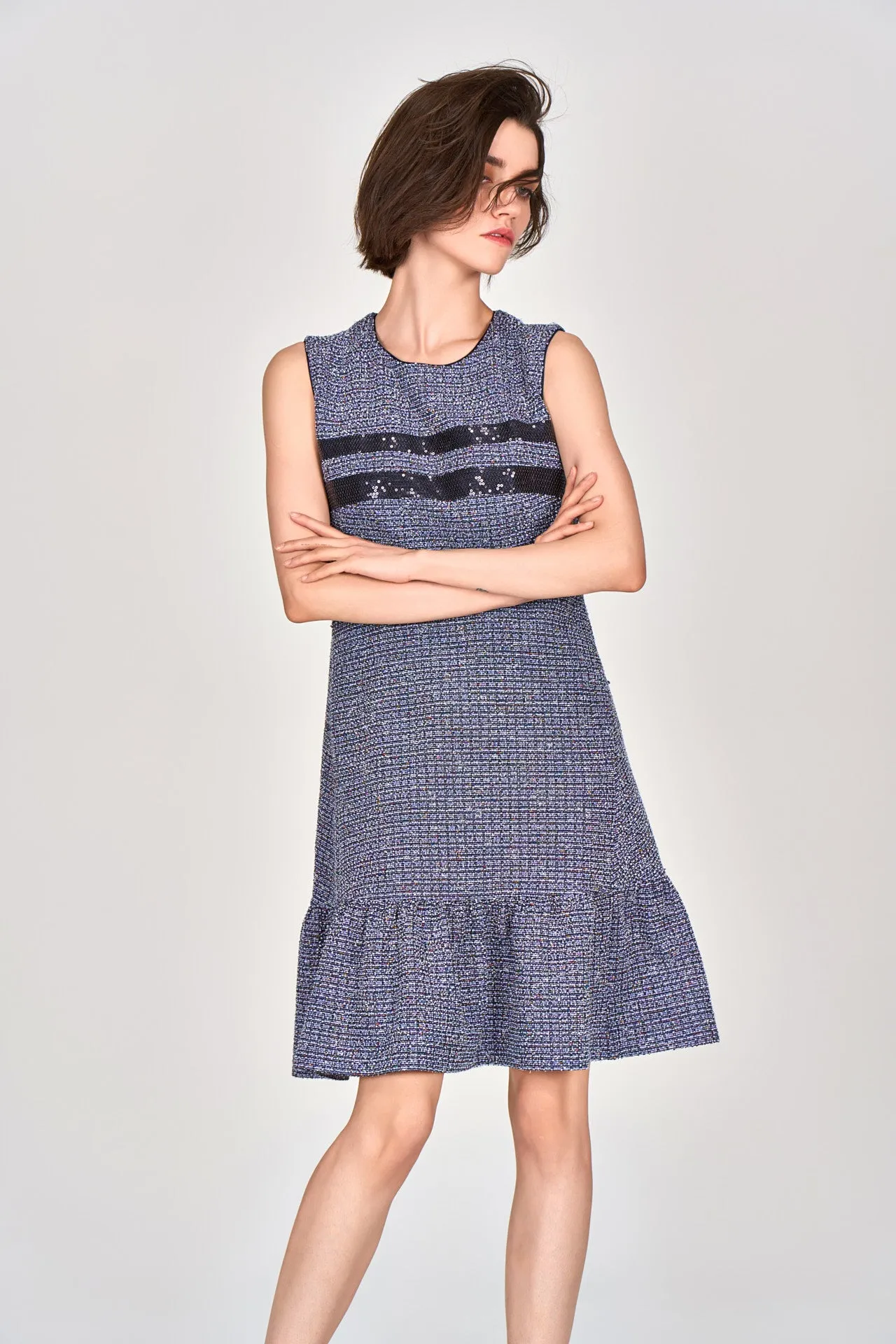 Midnight Blue Sleeveless Tweed Dress