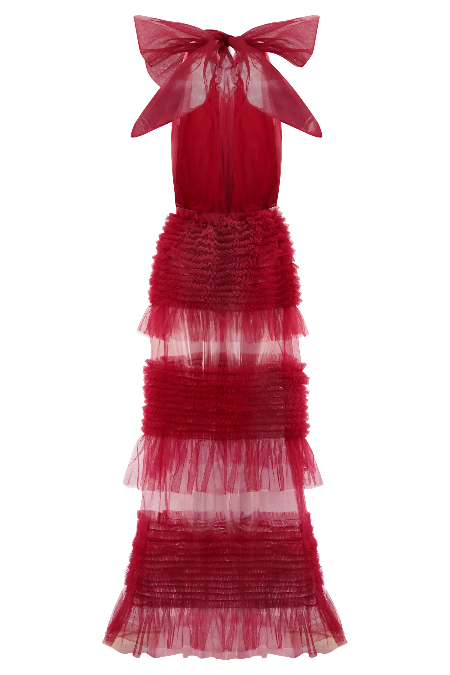 Minka Mesh Ruffle Halter Maxi Dress - Red