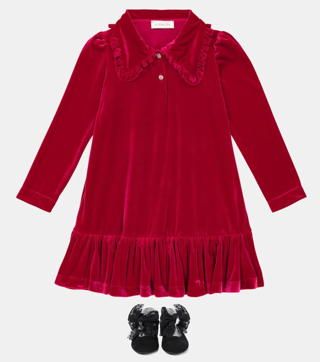 Monnalisa velvet dress with ruffles, red