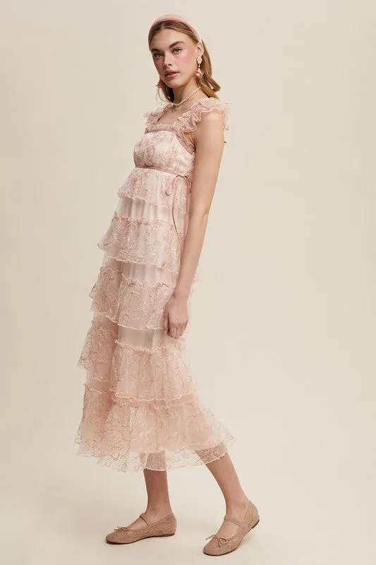 Mute Pink Delicate Floral Embroidered Lace Maxi Dress