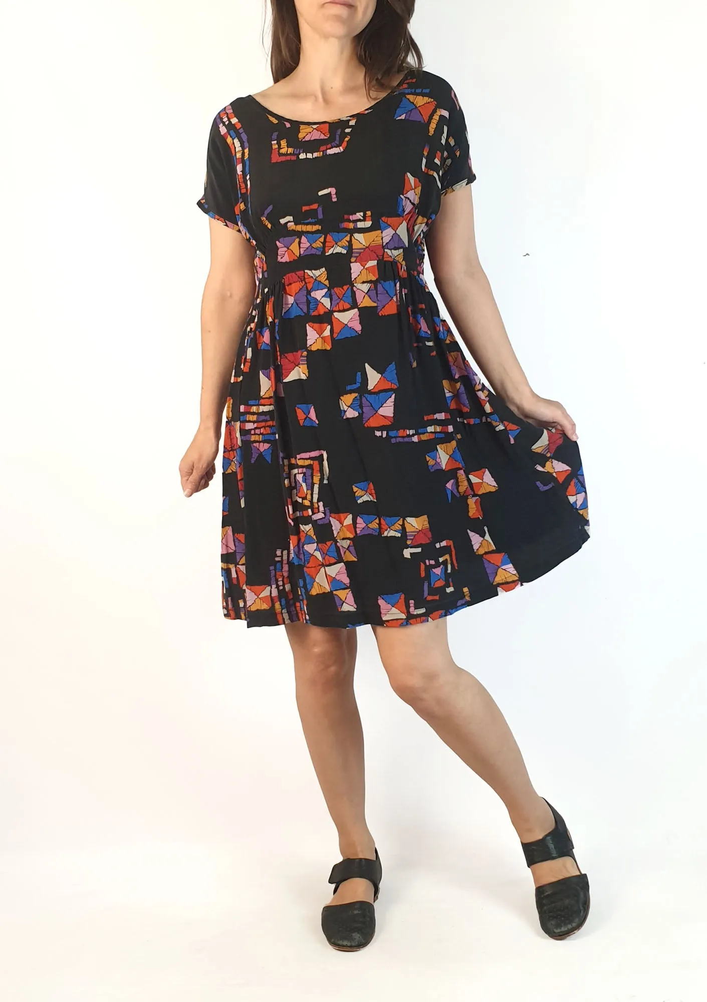 Obus vintage black-based 100% silk dress size 1, best fits size 8 (note: two visible crease lines)