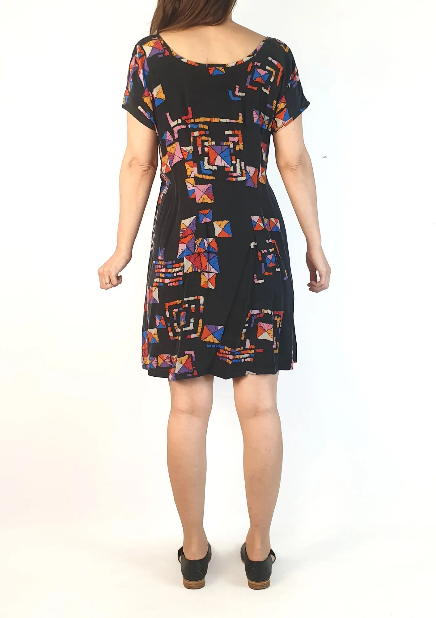 Obus vintage black-based 100% silk dress size 1, best fits size 8 (note: two visible crease lines)