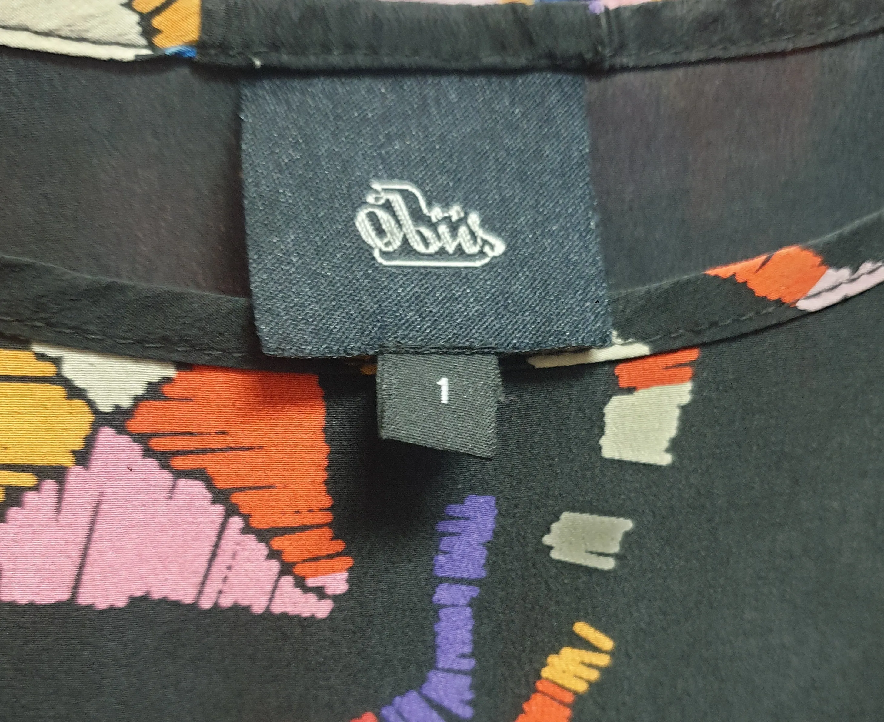 Obus vintage black-based 100% silk dress size 1, best fits size 8 (note: two visible crease lines)