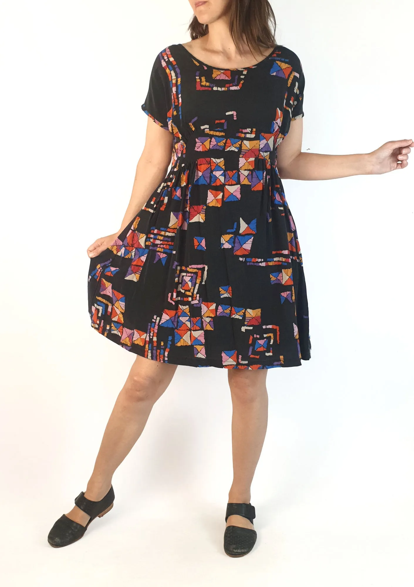 Obus vintage black-based 100% silk dress size 1, best fits size 8 (note: two visible crease lines)