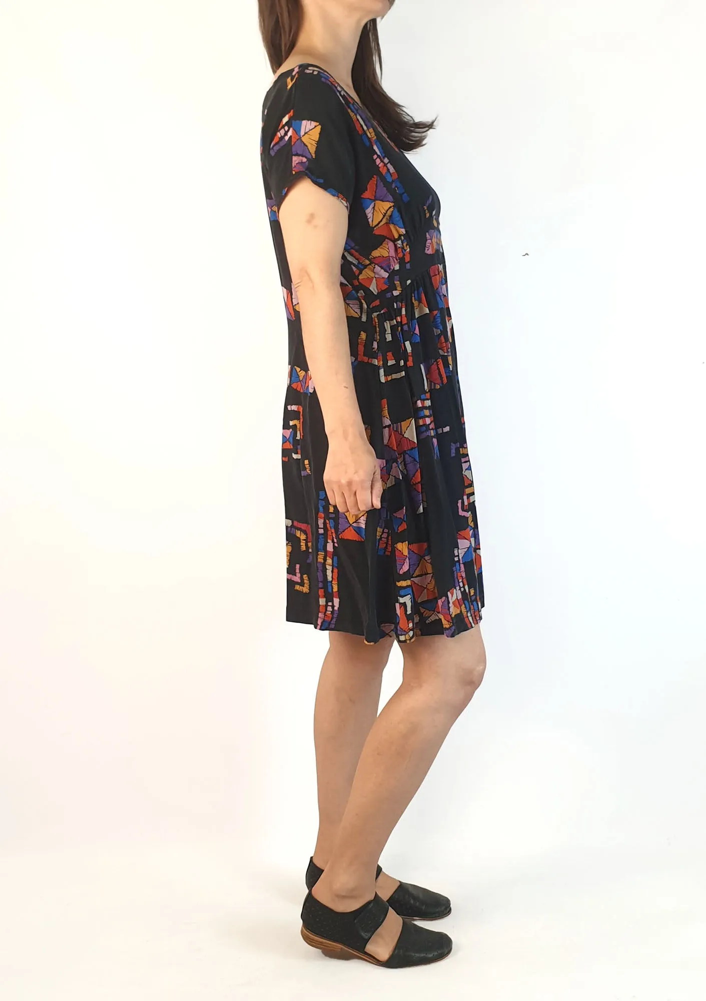 Obus vintage black-based 100% silk dress size 1, best fits size 8 (note: two visible crease lines)