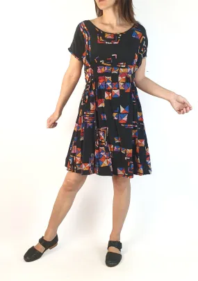 Obus vintage black-based 100% silk dress size 1, best fits size 8 (note: two visible crease lines)