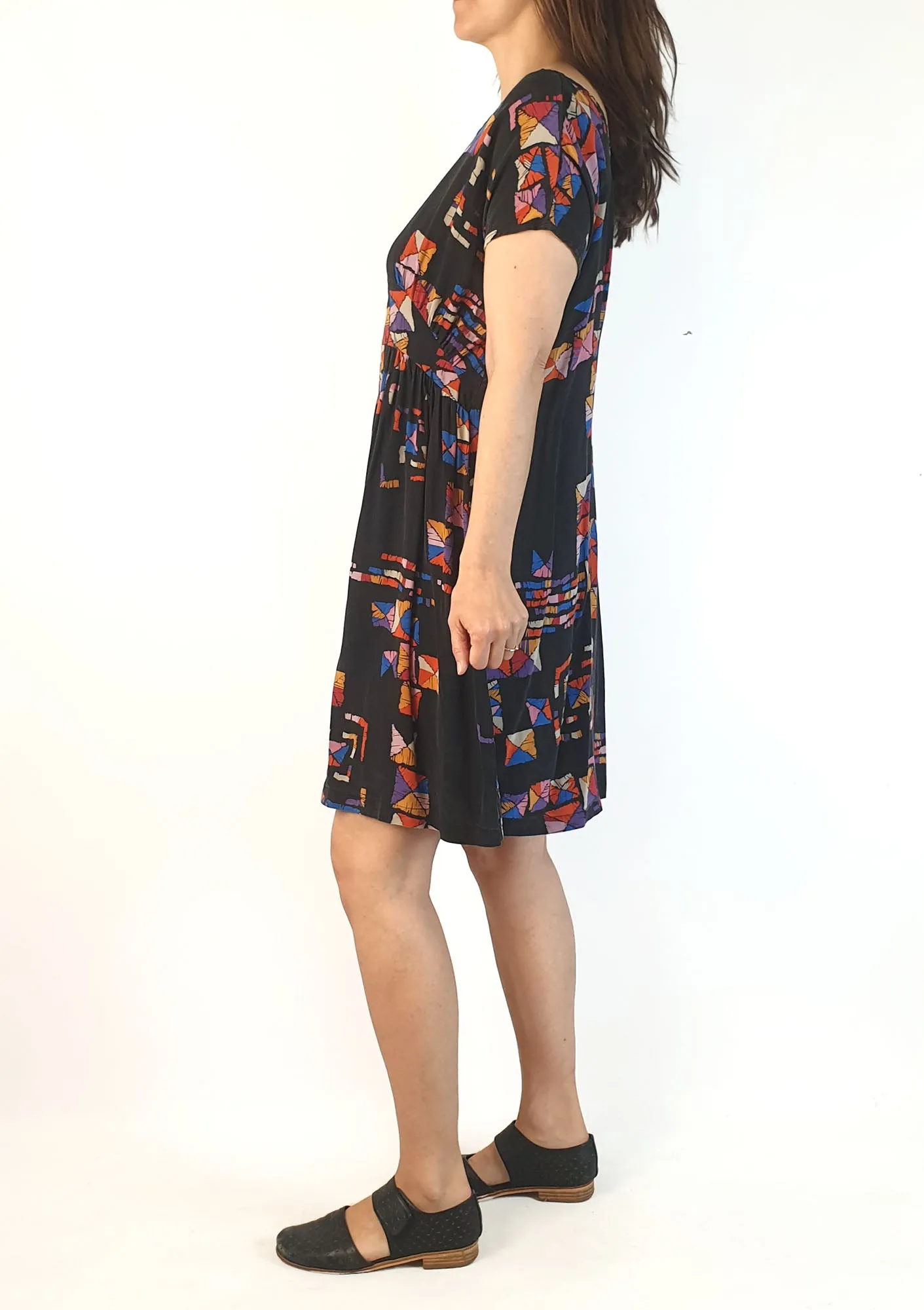 Obus vintage black-based 100% silk dress size 1, best fits size 8 (note: two visible crease lines)
