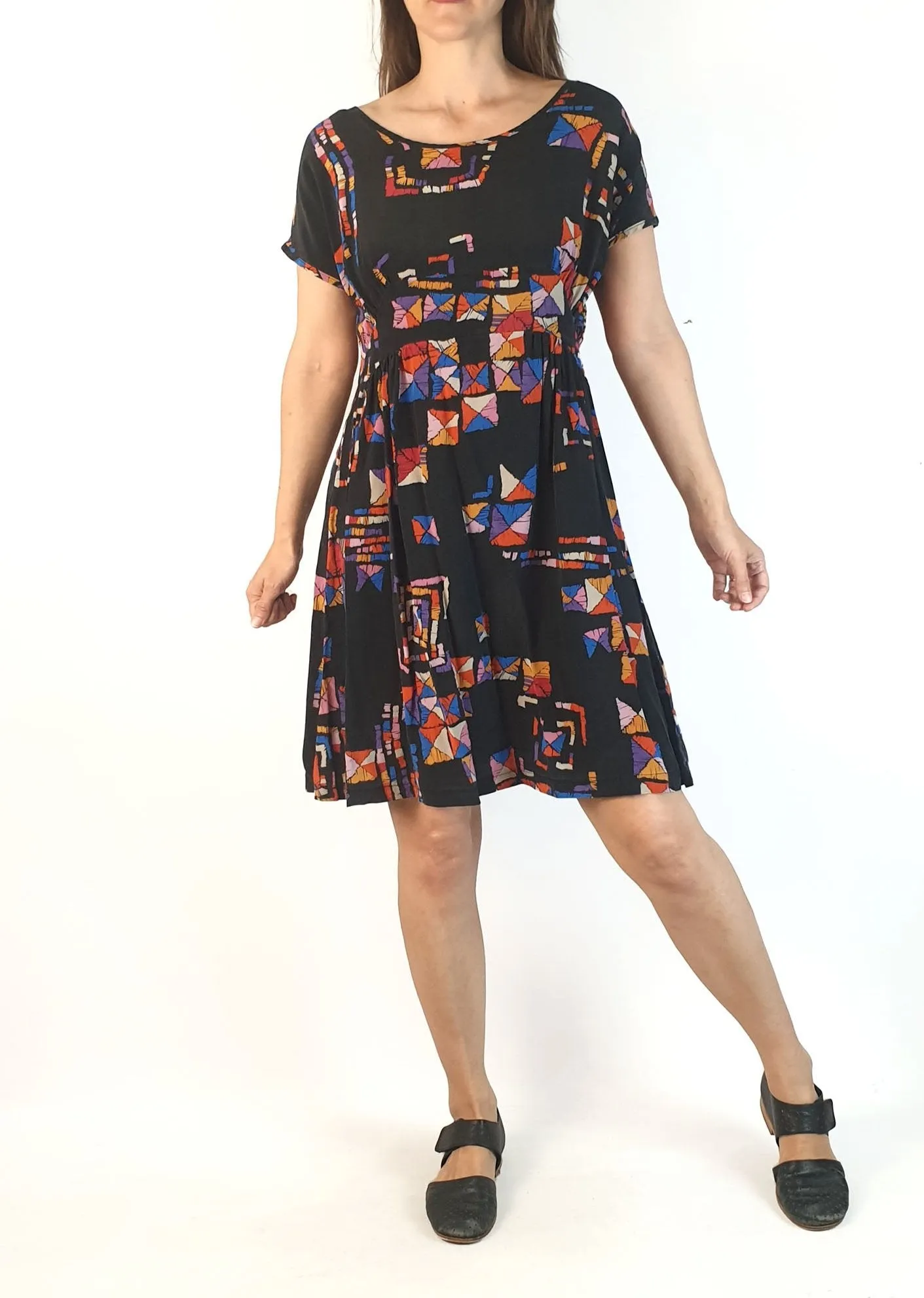 Obus vintage black-based 100% silk dress size 1, best fits size 8 (note: two visible crease lines)