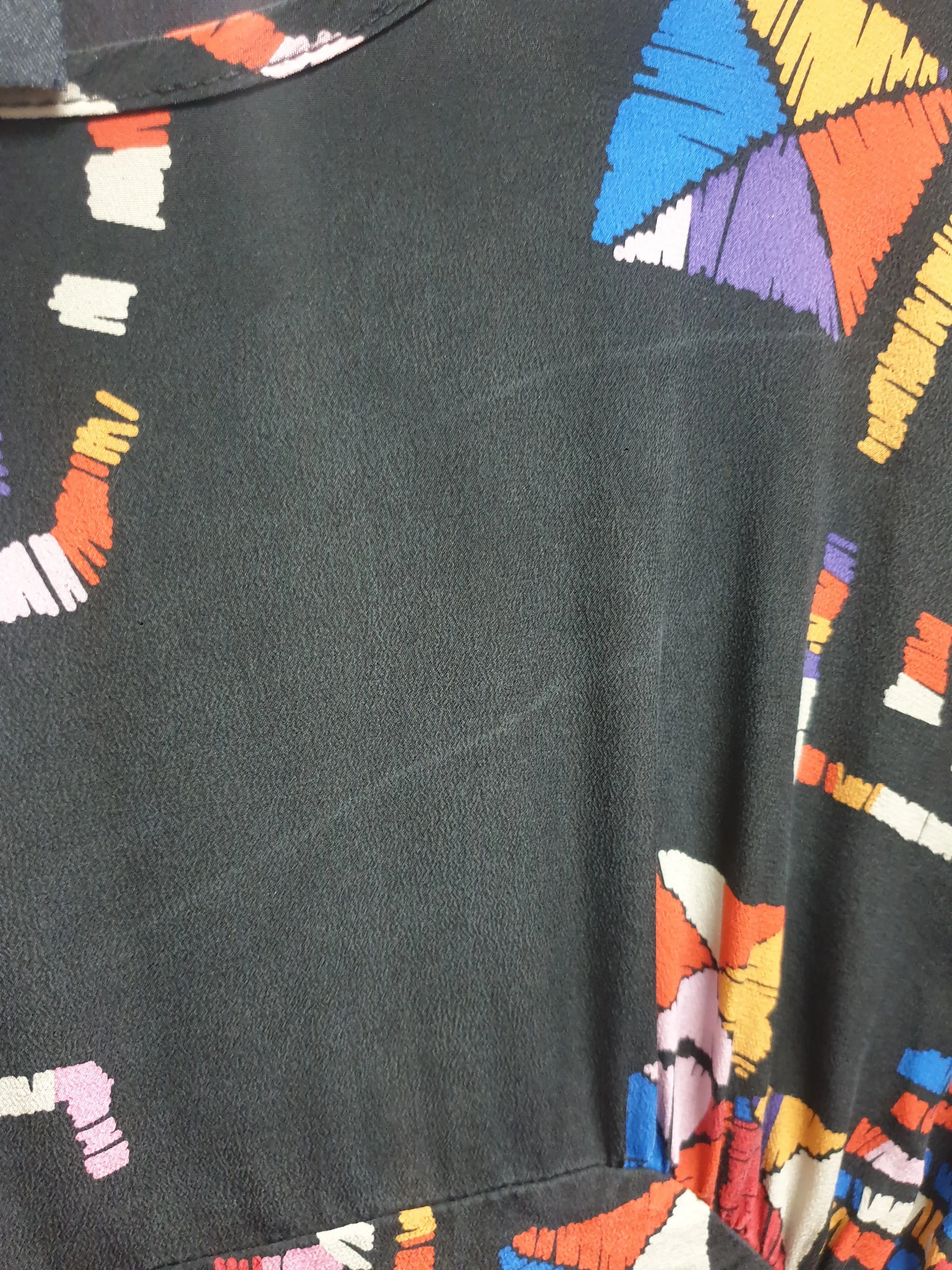 Obus vintage black-based 100% silk dress size 1, best fits size 8 (note: two visible crease lines)