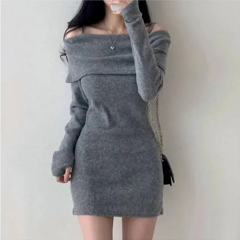 Off Shoulder Suspender Knit Dress Women Korean Sexy Slim Mini