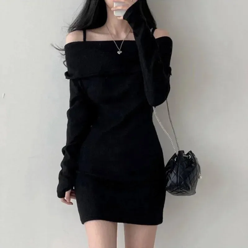 Off Shoulder Suspender Knit Dress Women Korean Sexy Slim Mini