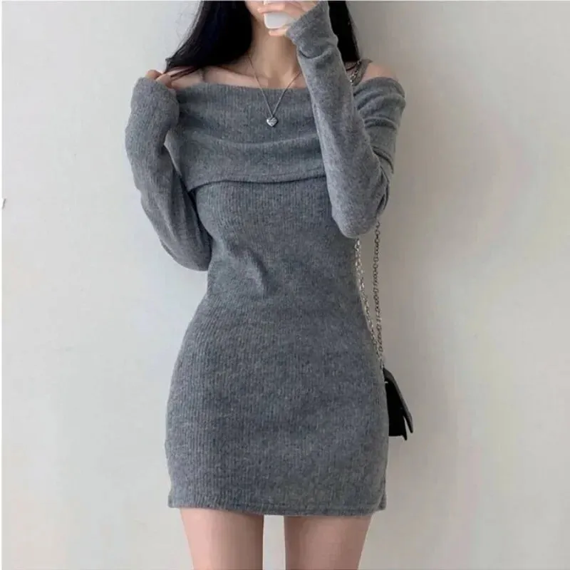 Off Shoulder Suspender Knit Dress Women Korean Sexy Slim Mini
