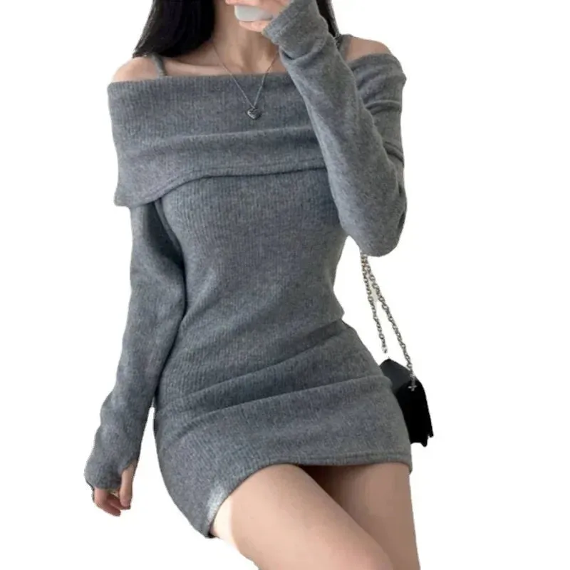 Off Shoulder Suspender Knit Dress Women Korean Sexy Slim Mini
