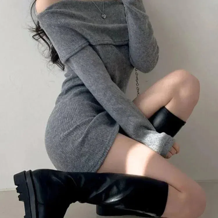Off Shoulder Suspender Knit Dress Women Korean Sexy Slim Mini