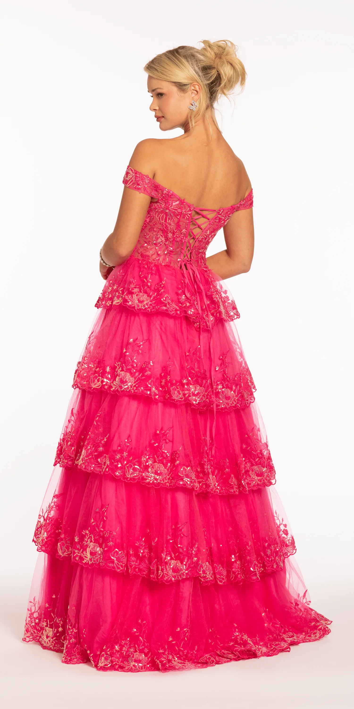 Off the Shoulder Embellished Tiered Corset Ballgown