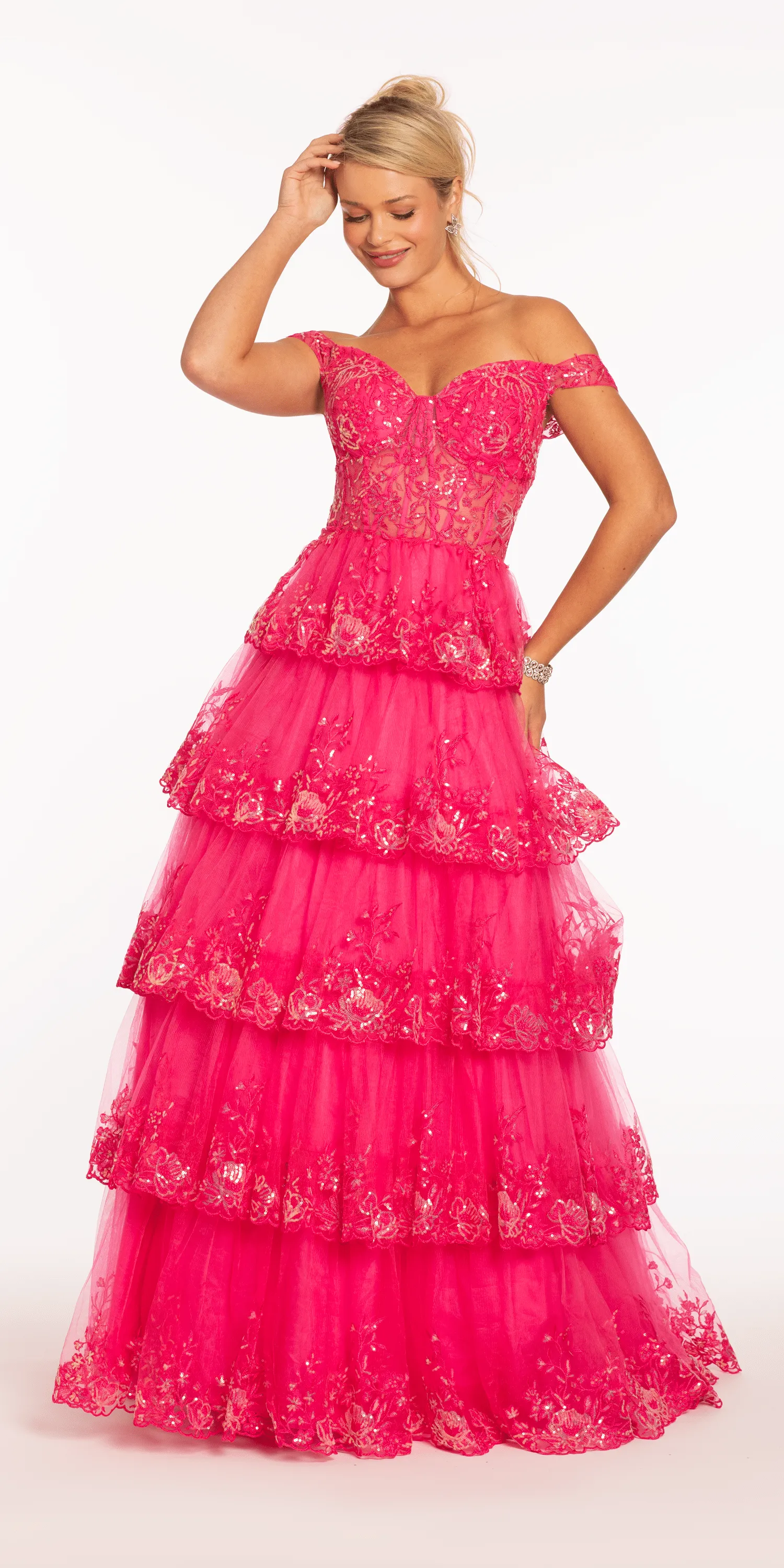Off the Shoulder Embellished Tiered Corset Ballgown