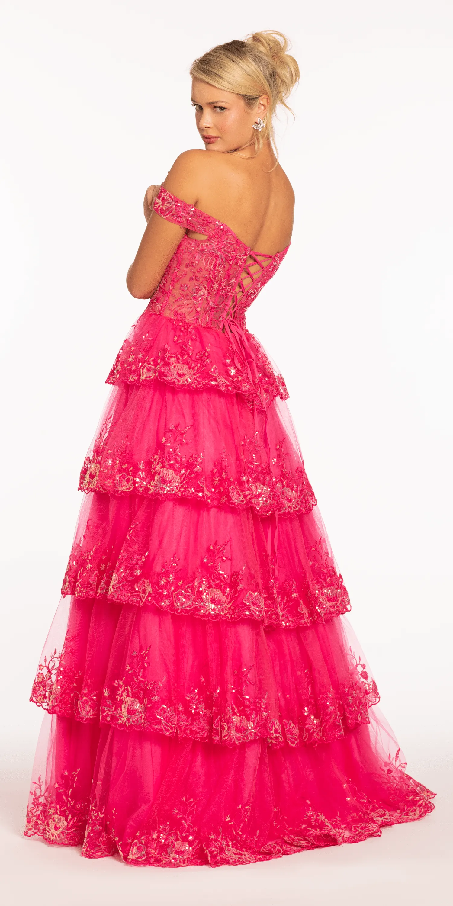 Off the Shoulder Embellished Tiered Corset Ballgown