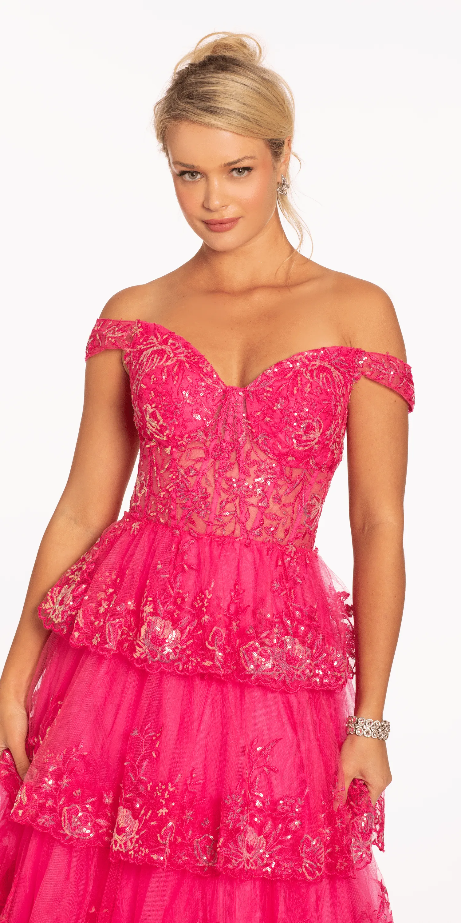 Off the Shoulder Embellished Tiered Corset Ballgown