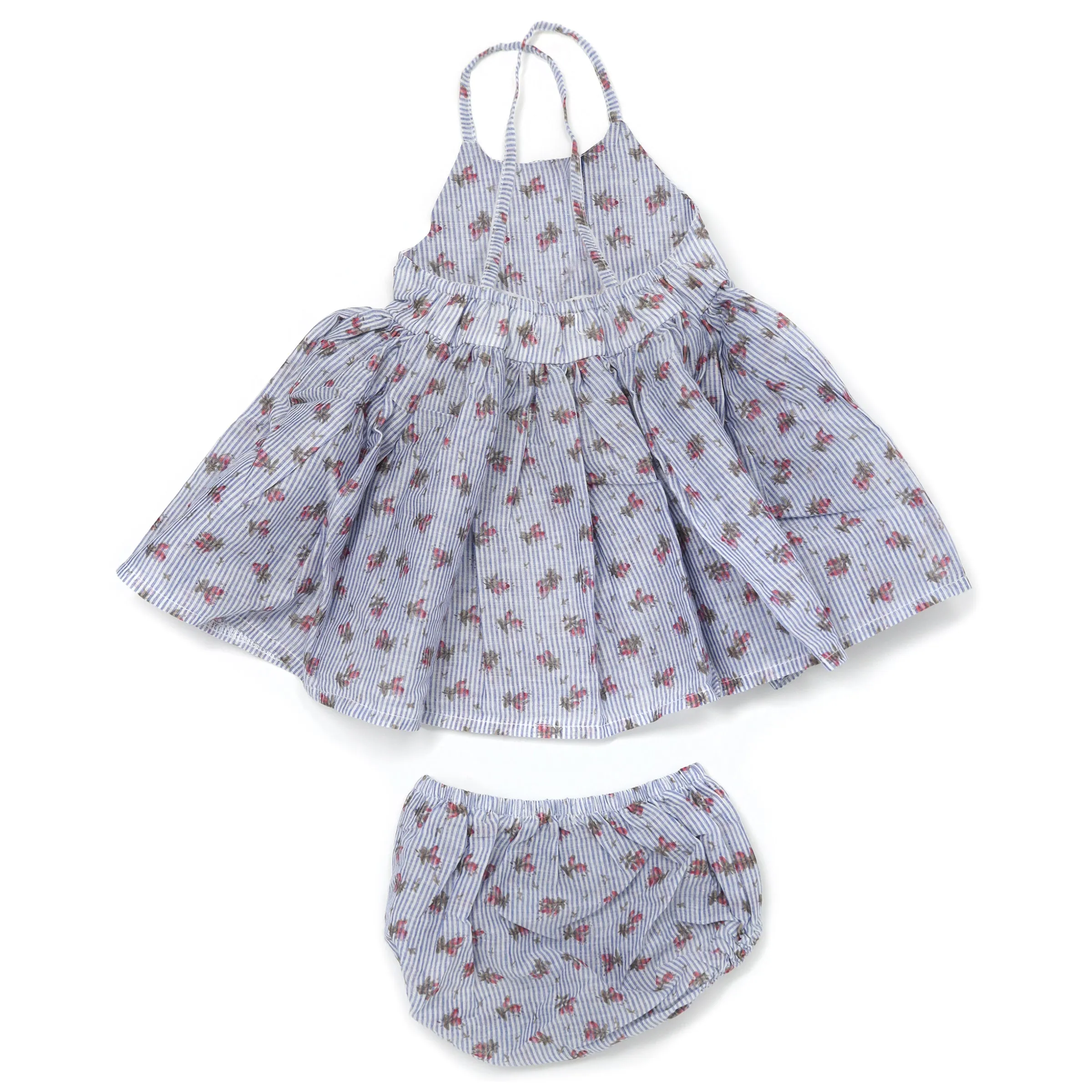 oh baby! Woven Party Dress - Stripe with Roses - Blue