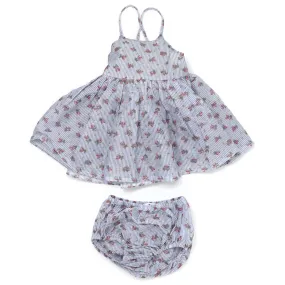 oh baby! Woven Party Dress - Stripe with Roses - Blue
