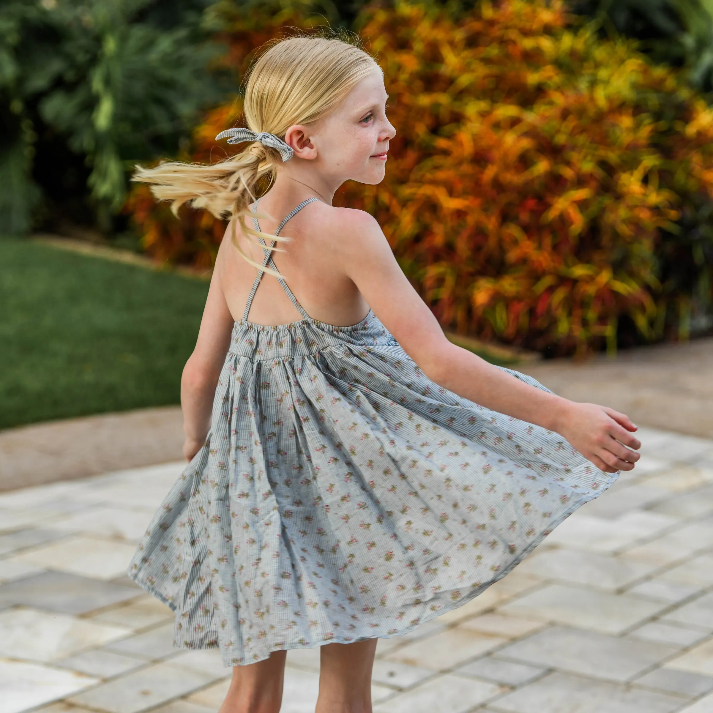 oh baby! Woven Party Dress - Stripe with Roses - Blue