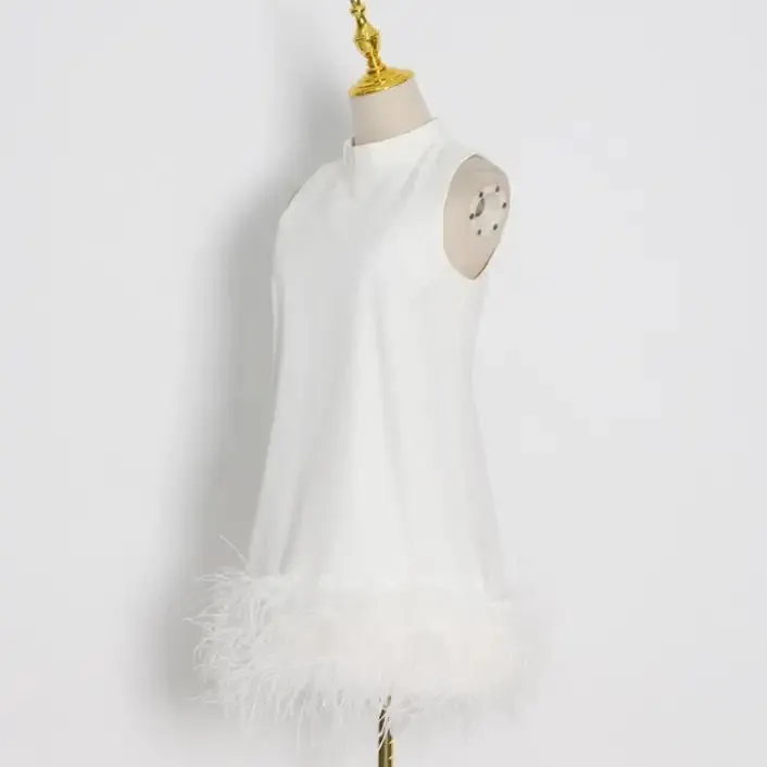 Olympia White Feather Stitching Mini Dress