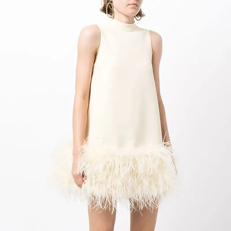 Olympia White Feather Stitching Mini Dress