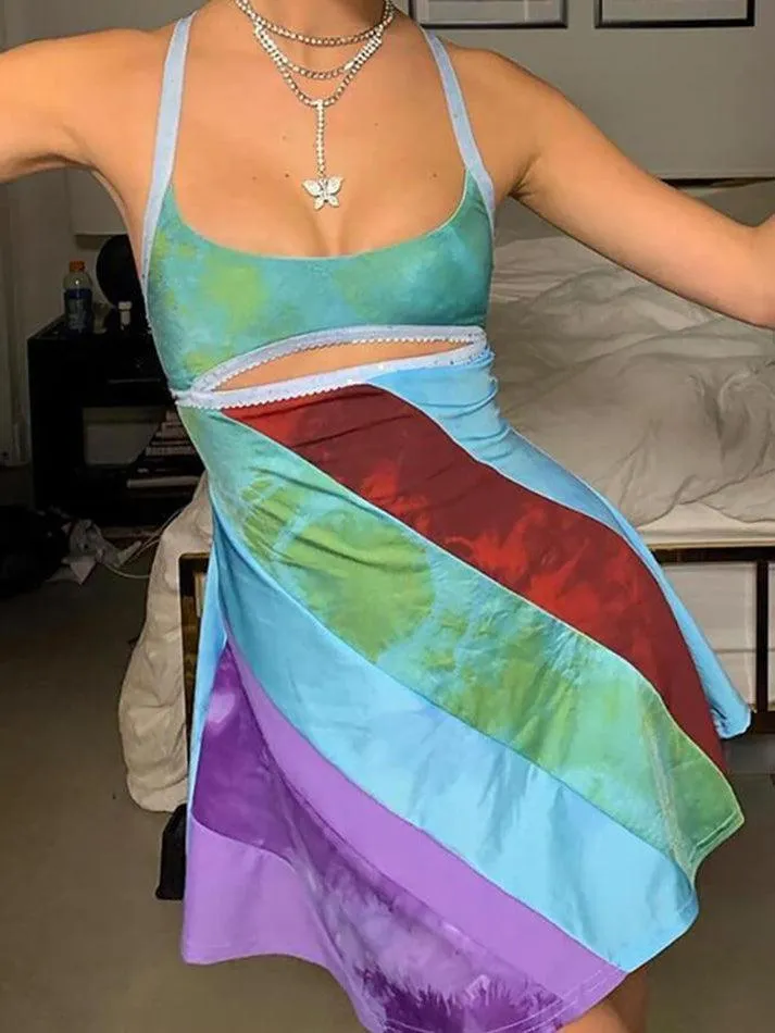Patchwork Striped Cutout Mini Dress