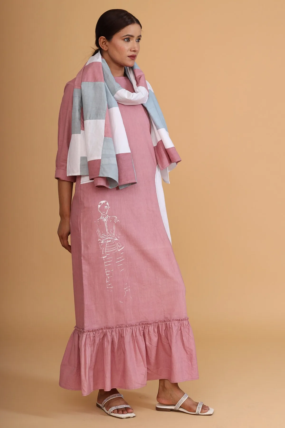 Pink Frill Painted Dress & Scarf