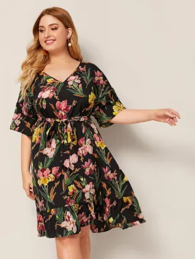 Plus Botanical Print Ruffle Hem Belted Dress