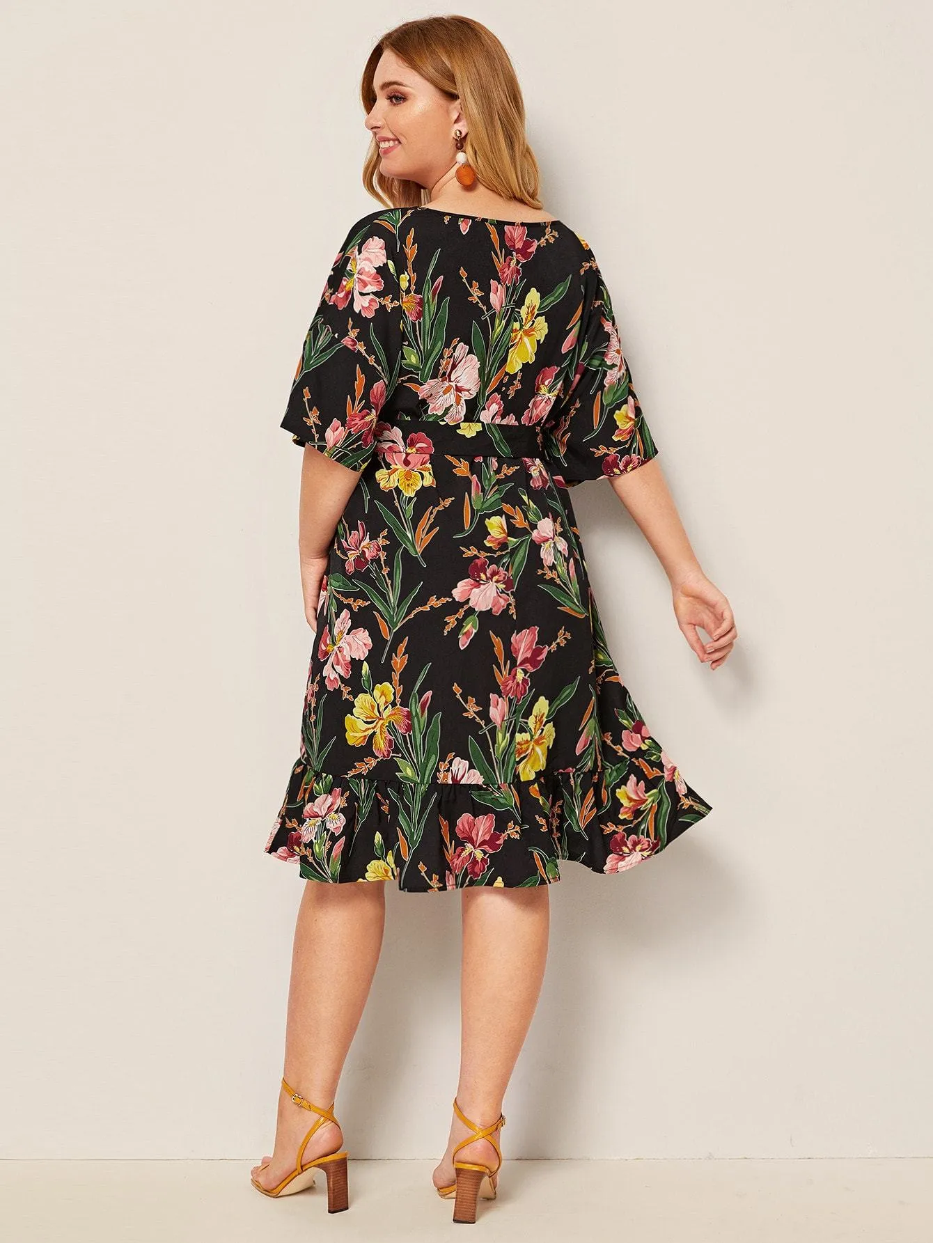 Plus Botanical Print Ruffle Hem Belted Dress