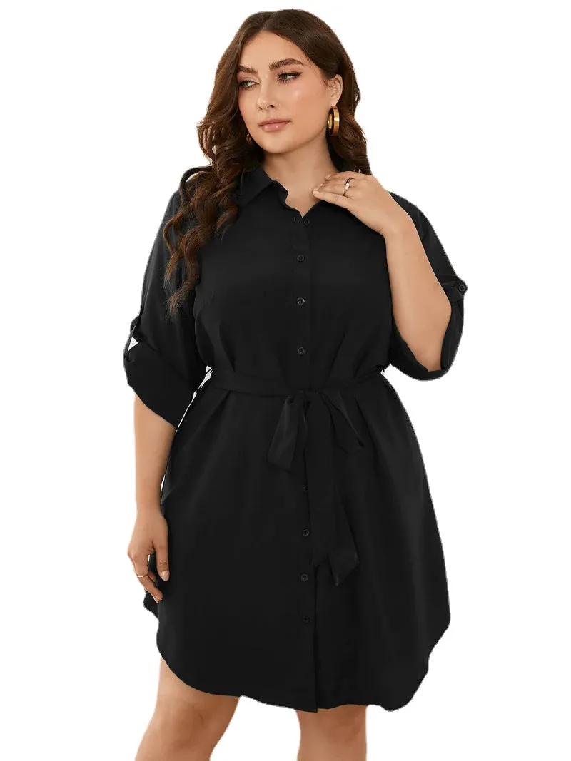 Plus Size Belt Design Front Button Tie-up Design Dress