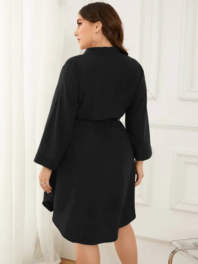 Plus Size Belt Design Front Button Tie-up Design Dress