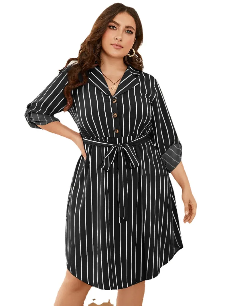 Plus Size Striped Belt Design Front Button Long Sleeves Dress