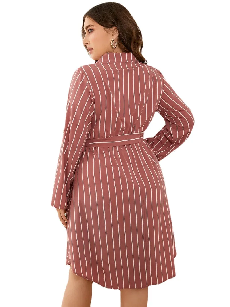 Plus Size Striped Belt Design Front Button Long Sleeves Dress