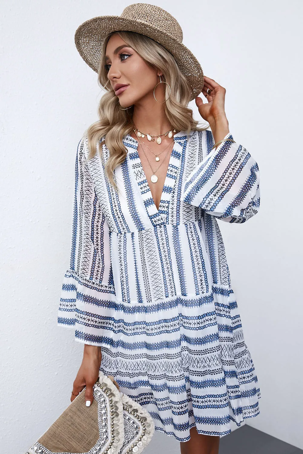 Printed Notched Neck Flare Sleeve Tiered Dress